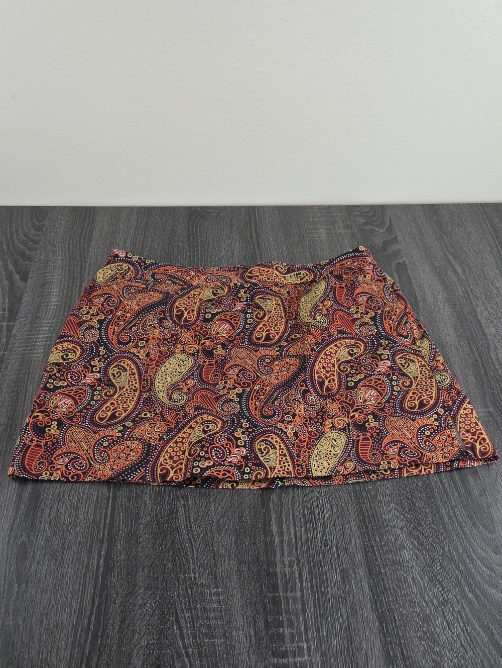 Lady Hagen Paisley Mini Skort in Red, Orange & Gold Black Tones